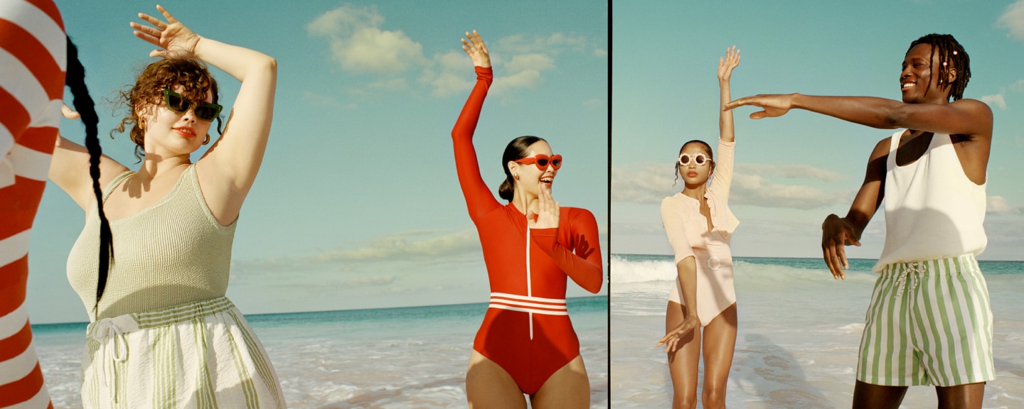 5 models dancing on a tropical beach in the summer