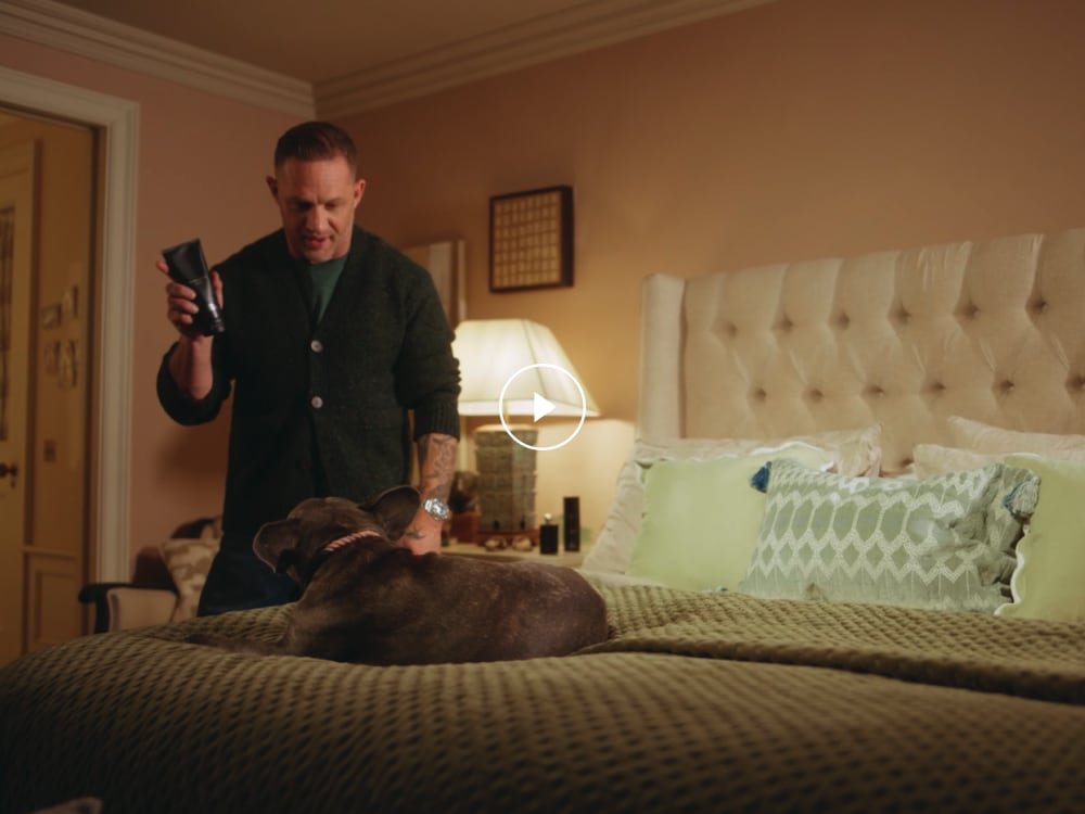 A clapperboard reveals Tom Hardy caressing a small dog, which he lifts onto his lap. He is wearing a grey jumper and glasses.
